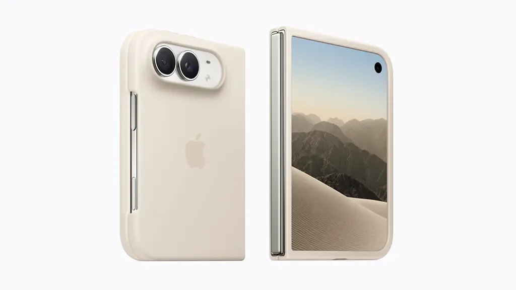 Задняя панель складного смартфона Apple iPhone Duo в светлом чехле с двойной 48 Мп камерой Dual Fusion и внешним экраном.