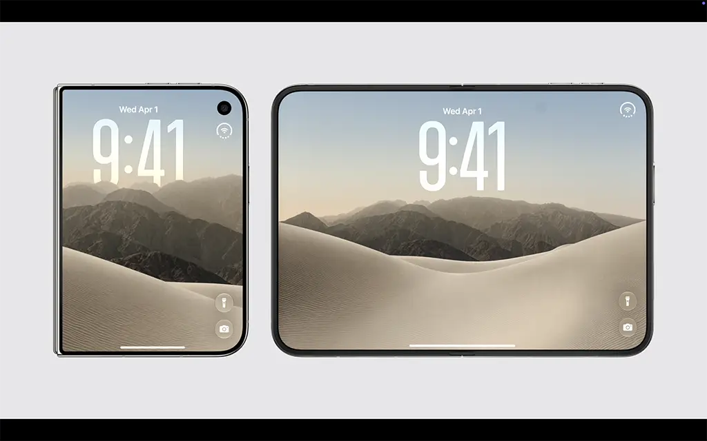 Складной смартфон Apple iPhone Duo в сложенном и полностью раскрытом виде с дисплеем Super Retina XDR.