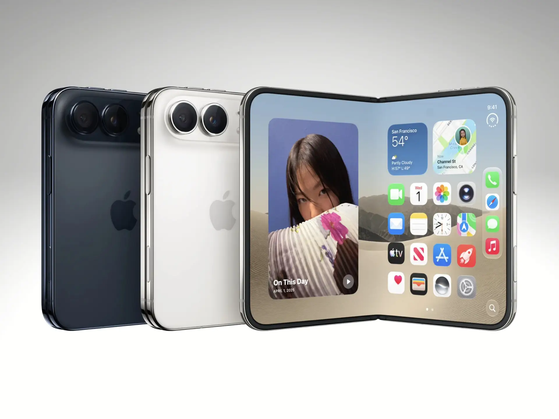 Официальное фото складного смартфона Apple iPhone Duo с 7,8-дюймовым внутренним экраном и чипом A20 Pro.