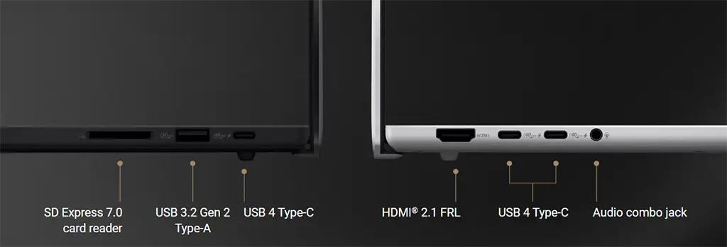 Разъёмы HDMI 2.1 FRL, USB4 Type-C и картридер SD Express 7.0 на боковых гранях ноутбука ASUS ProArt P16.