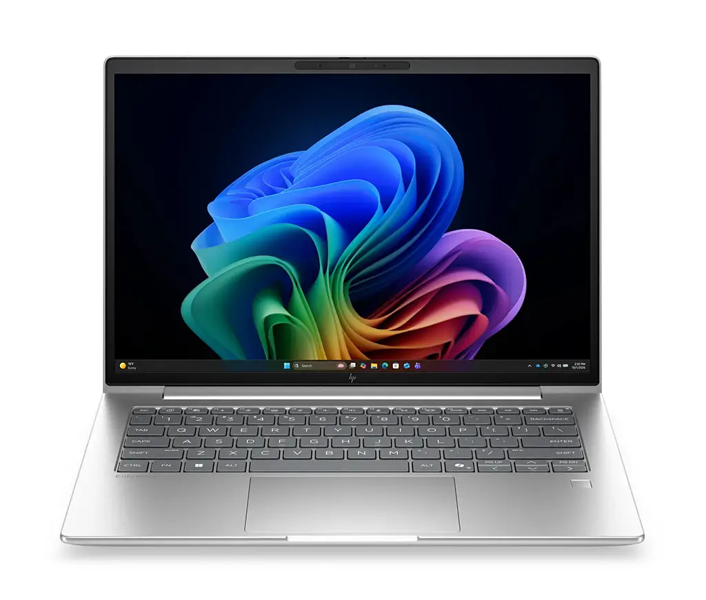 Вид спереди на 14-дюймовый ноутбук HP EliteBook 6 G2a с ярким экраном, удобной клавиатурой и современным процессором AMD Ryzen AI.