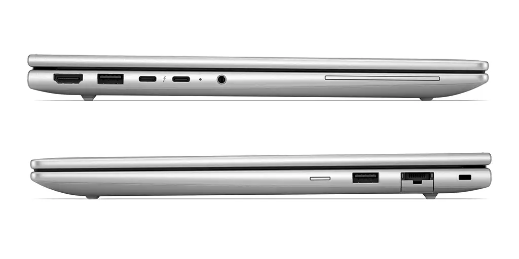 Боковые грани бизнес-ноутбука HP EliteBook 6 G2a с портом USB-C, разъемами для проводной сети, HDMI и слотом для 5G-модема.