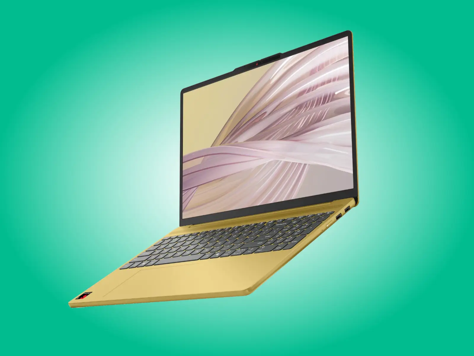 Бюджетный ноутбук Lenovo IdeaPad Vibe 15Q8X12 с ярким OLED-дисплеем 120 Гц и клавиатурой в золотистом корпусе.