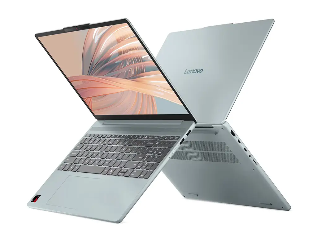 Lenovo IdeaPad Vibe 15Q8X12 спереди и сзади: тонкие рамки дисплея, полноразмерная клавиатура и стильный металлический корпус.